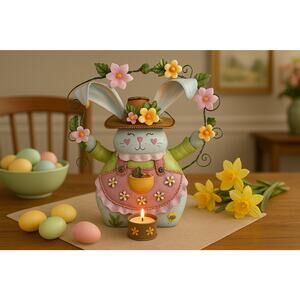 Home Interior Spring Garden Bunny Metal Votive Candle Holder 12” Easter Decor